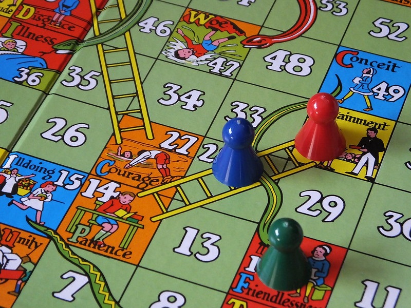 A snakes and ladders board