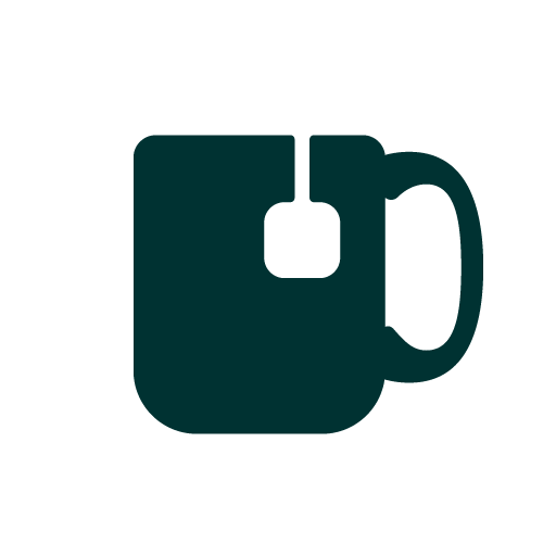white circle sticker with a green mug and teabag string hanging down the side of the mug.