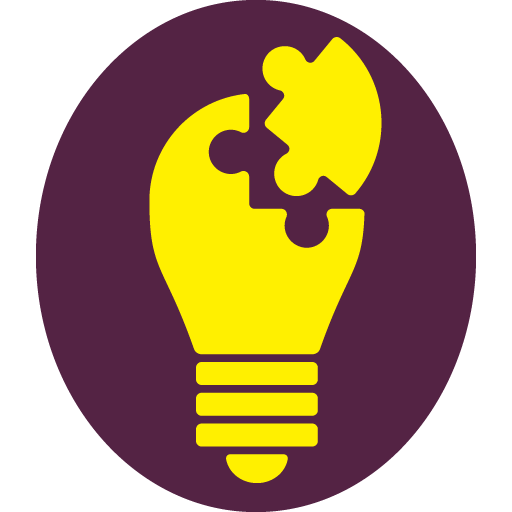 Plum oval sticker with a yellow lightbulb and a jigsaw piece of the bulb separated at the top